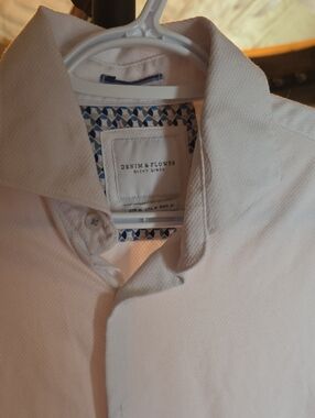 Denim & Flower Men's Off-White Textured Button-Up Shirt with Patterned Placket